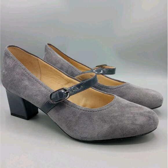 Trotters Mary Jane Suede Pump Shoes 10.5 W Ankle Strap High Heel Grey Classic - Picture 10 of 10